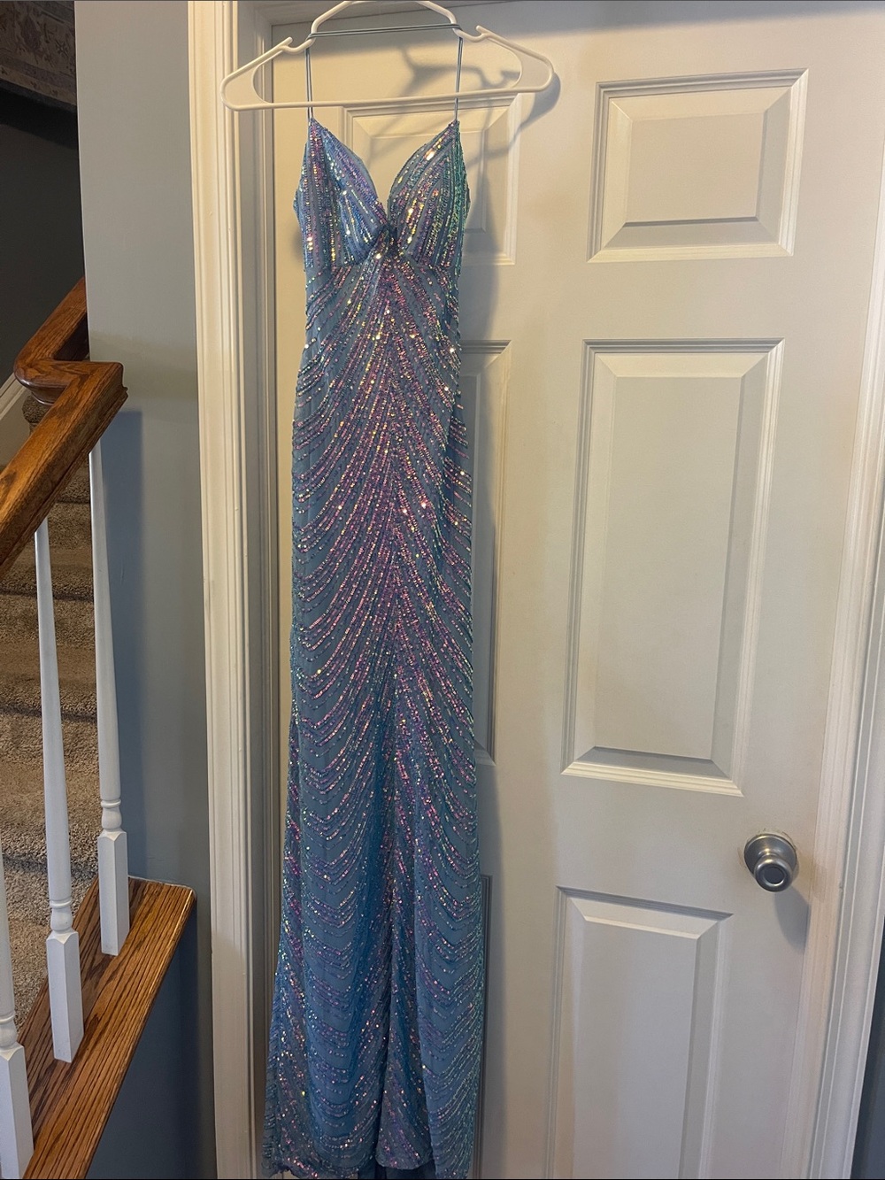 B Darlin Sequin Maxi Dress in Light Blue with Iridescent Pink Accents
